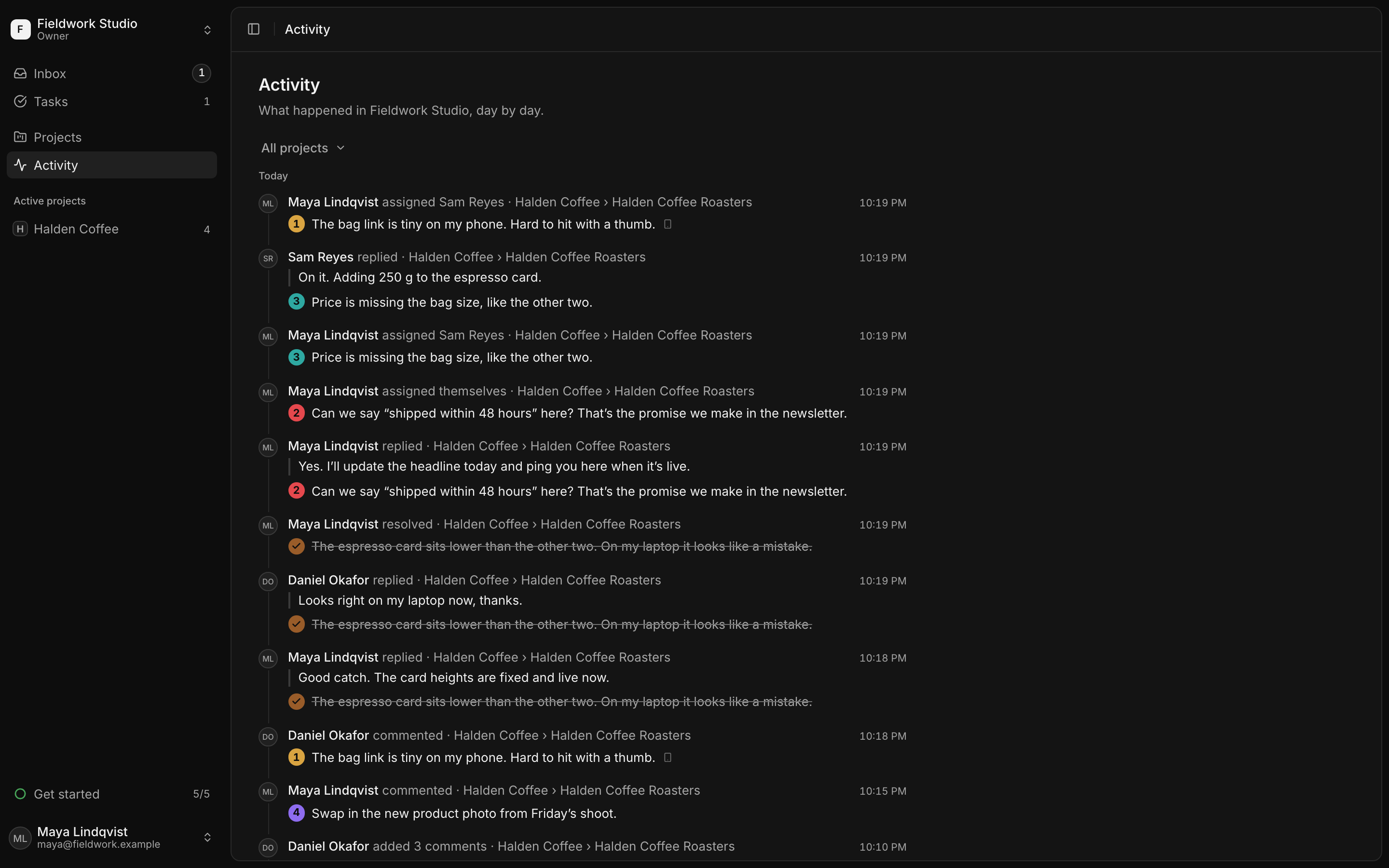The Activity page in LooksDone: the studio and their client commenting, replying, assigning and resolving on the Halden Coffee site through the day.