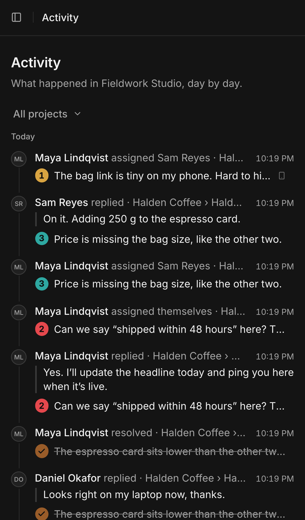 Activity on a phone: replies, assignments and resolved comments on the Halden Coffee site.