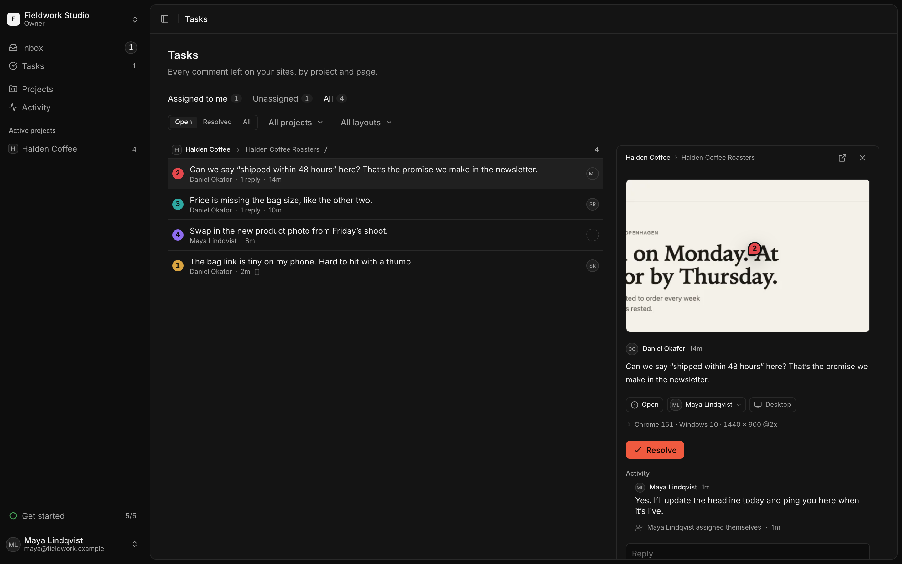 The Tasks page in LooksDone: four comments on the Halden Coffee site, one open with its snapshot, its assignee, and the browser, system and window size it was written in.